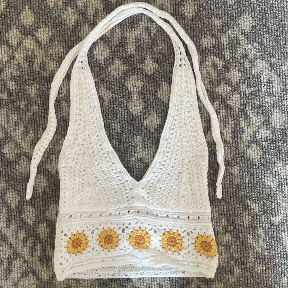 Hollister White and Yellow Crochet Top